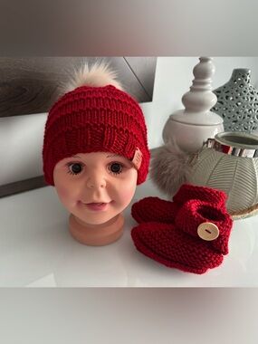Red Knit Pom Beanie with Faux Fur Pom with booties set